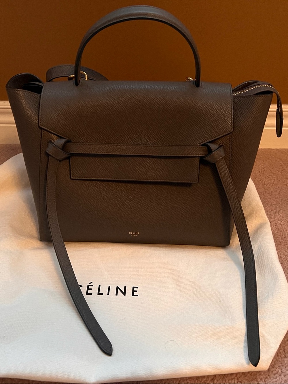 Celine Brown Leather Medium Belt-Detail Top Handle Satchel